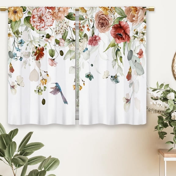 Watercolor Floral Kitchen Curtains Flower Plant Small Short Cafe Window Curtains Rustic Colorful Wildflower Plants Blossom Spring Rod Pocket Tier Window Treatment Drapes (28x40 Inch)