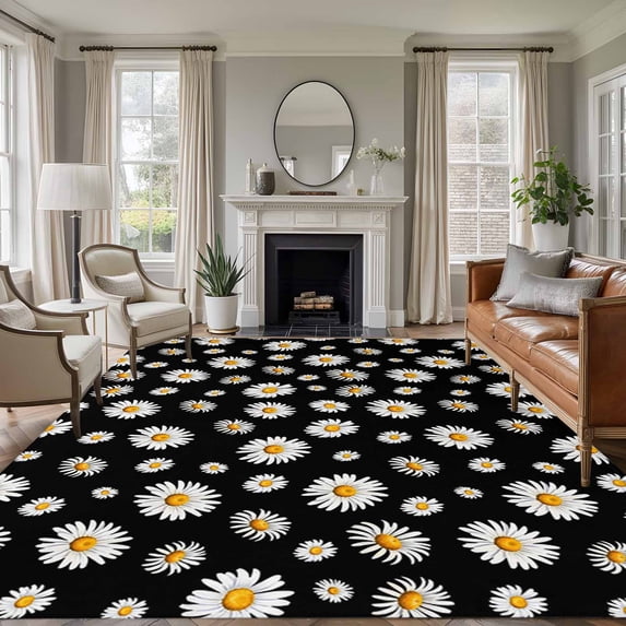 Spring Floral Daisy 5'x7' Area Rug, Black Elegant Pastoral Flowers Watercolor Washable Non-Slip Soft Rugs, Low-Pile Large Carpet for Living Room Bedroom Dining Room, Non-Shedding Accent Rug