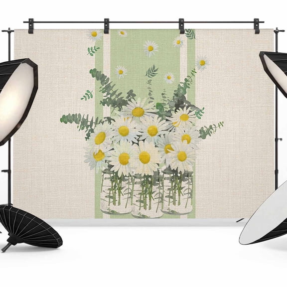 Spring Floral Daisy Backdrop for Photoshoot, Photography Photo Studio Background Wall Backdrop, Leaves Linen Printed Back Drop Banner Panel for Portraits Wedding Party Live Streaming Decor 8x6Ft