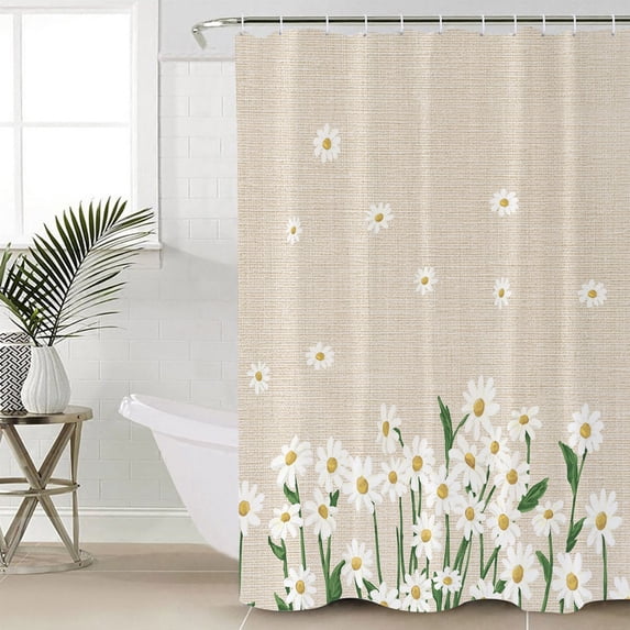 Spring Floral Daisy Bathroom Curtain 84 Inch Shower Curtain with Hooks, Flower Burlap Texture Waterproof Polyester Bath Curtain Washable Bathtub Curtain 72''x 84''