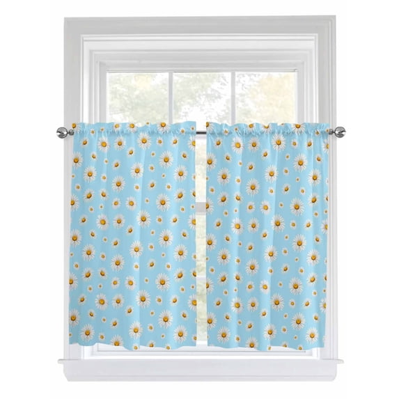 Spring Floral Daisy Bathroom Window Curtain, Blue Elegant Pastoral Flowers Watercolor Light Filtering Coffee Kitchen Curtains, Bedroom Living Room Curtains 2 Panel 84"x45"