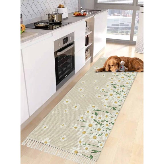 Spring Floral Daisy Entryway Runner Rug 2x4ft, Flower Burlap Texture Washable Woven Living Room Hallway Bedroom Kitchen Carpet with Tassels, Non-Shedding Indoor Outdoor Throw Door Mat for Entryway