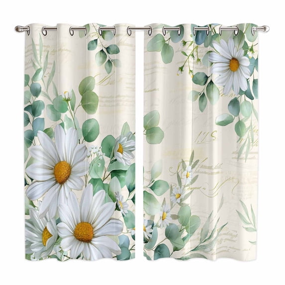 Spring Floral Daisy Kitchen Curtains Window Panels, Eucalyptus Leaves Watercolor Botanical Insulated Window Treatment Curtain, Grommet Curtains for Bedroom/Living Room/Bathroom, 2 Piece 52"Wx84"L