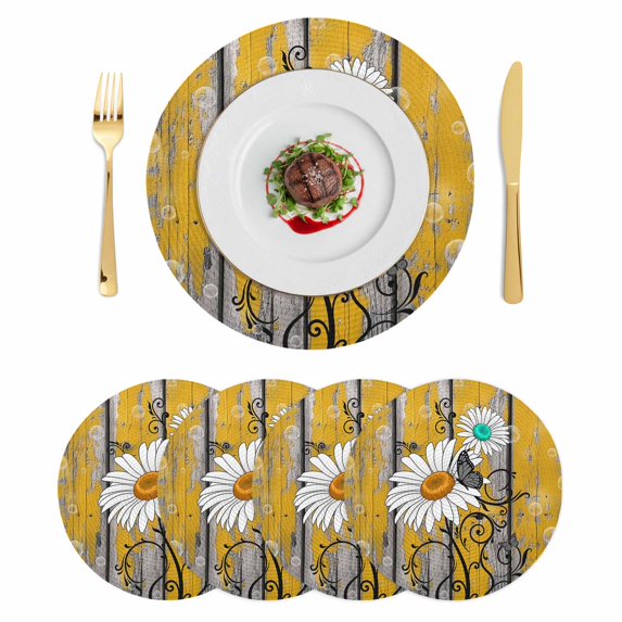 Spring Floral Daisy Round 13 Inch Placemats Set of 4, Vintage Butterfly Botanical Wooden Retro Art HeatResistant Non Slip Place Mats for Dining Table, Wipeable Kitchen Table Mats for Housewarming