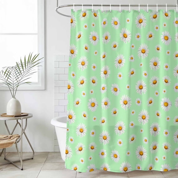 Spring Floral Daisy Shower Curtain Set, Waterproof Shower Curtains for Bathroom, Sage Green Elegant Pastoral Flowers Washable Fabric Cloth Bath Curtain for Bathtub Decoration with Hooks 54x78 Inches