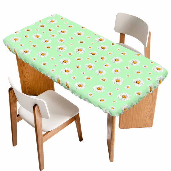 Spring Floral Daisy Table Cloths for 5 Foot Rectangle Tables, Sage Green Elegant Pastoral Flowers Patio Waterproof Elastic Fitted Tablecloths, Washable Rectangular Table Cover for Camping