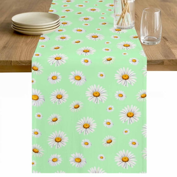 Spring Floral Daisy Table Runner - 60 Inch Long Sage Green Elegant Pastoral Flowers Cotton and Linen Blended Dress Scarves Farmhouse Table Runner for Kitchen Dining, Coffee Table, 13" x 60"