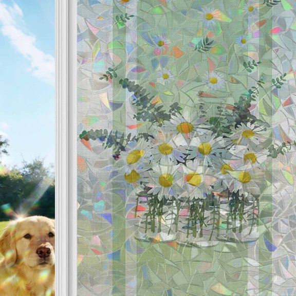 Spring Floral Daisy Window Privacy Film Stain Glass, Reusable Decorative Rainbow Window Film, Leaves Linen Printed Non-Adhesive Static Cling Sun Blocking Stickers Decals Covers 35.4" x 78.7" (3pcs)