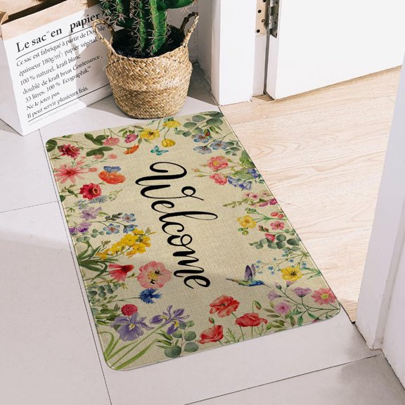 Spring Floral Decor Welcome Entrance Door Mat, Hello Summer Flower Home Decoration Non-Slip Indoor Outdoor Front Doormats Rug