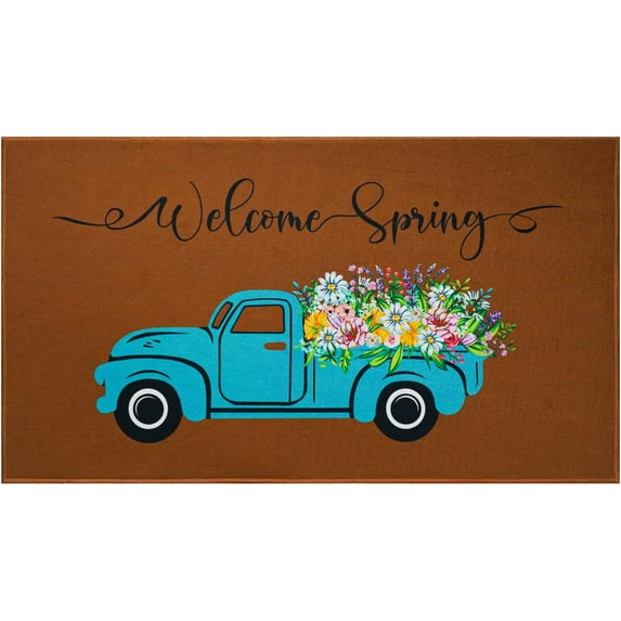 Spring Floral Decorative Welcome Door Mat Colorful Flowers Truck Indoor Outdoor Non-Slip Summer Doormat Home Entryway Farmhouse Decor Front Door Mat for Outside Porch Entrance, 30" x 17", Brown Rug
