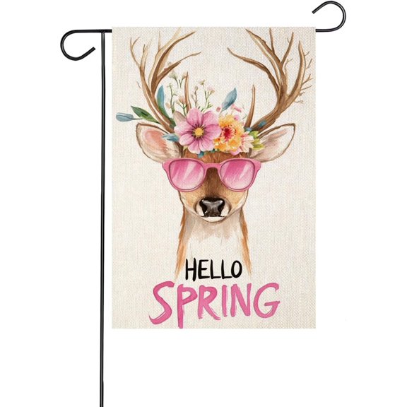 Spring Floral Deer Garden Flag 12x18 Inch Double Sided Burlap Small Farmhouse Yard Outdoor Decoration