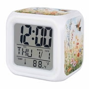 Spring Floral Digital Alarm Clock for Bedrooms,Smart LED Alarm Clock with 7 Color Changing Night Light,Hummingbird Summer Botanical Watercolor Silent Wake Up Clocks for Sleep Study Cooking 3.2"x3.2"