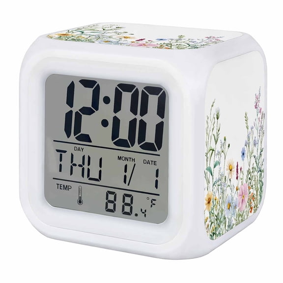 Spring Floral Digital Alarm Clock for Bedrooms, Smart LED Alarm Clock with 7 Color Changing Night Light, Wildflowers Herbs Summer Botanical Silent Wake Up Clocks for Sleep Study Cooking 3.2"x3.2"