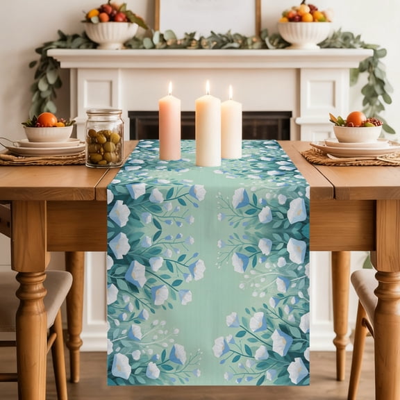 Spring Floral Dining Table Runner, Rustic Boho White Wildflowers Green Grass Botanical Washable Table Runners Kitchen Coffee Table Center Decor for Home Party Holiday Wedding 13 x 36 Inches