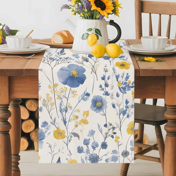 Spring Floral Dining Table Runner, Vintage Watercolor Blue Yellow Flower Leaves Washable Table Runners Kitchen Coffee Table Center Decor for Home Party Holiday Wedding 13 x 70 Inches