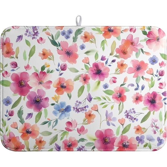Spring Floral Dish Drying Mat Flowers Summer Kitchen Mat Dish Drying Pad Absorbent Dish Dryer Mat for Kitchen Countertops Microfiber Dishes Drainer Pad Dish Drying Rack Mat (18x24 in)