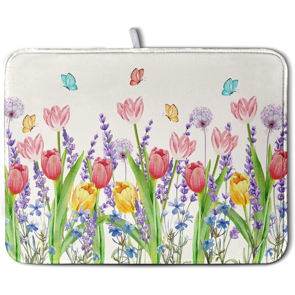 Spring Floral Dish Drying Mat for Kitchen Counter Tulip Lavender Flower Dishes Pad Absorbent Microfiber Dish Draining Mat Washable Dish Drainer Rack Mats Extra Large 18"x24"