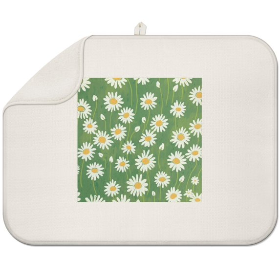 Spring Floral Dish Rack Mat with Daisies for Kitchen Counter Absorbent Microfiber Drying Pad Foldable 18x24 Inch