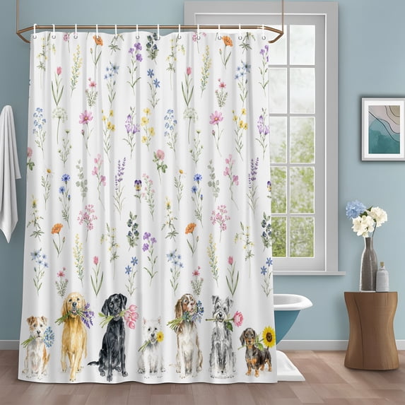 Spring Floral Dog Shower Curtain with Hooks, Rustic Black Gray Puppy Pink Flower Animal Water Repellent Shower Curtains for Bathroom Decor Sturdy Shower Curtain, Machine Washable 36x72 Inch