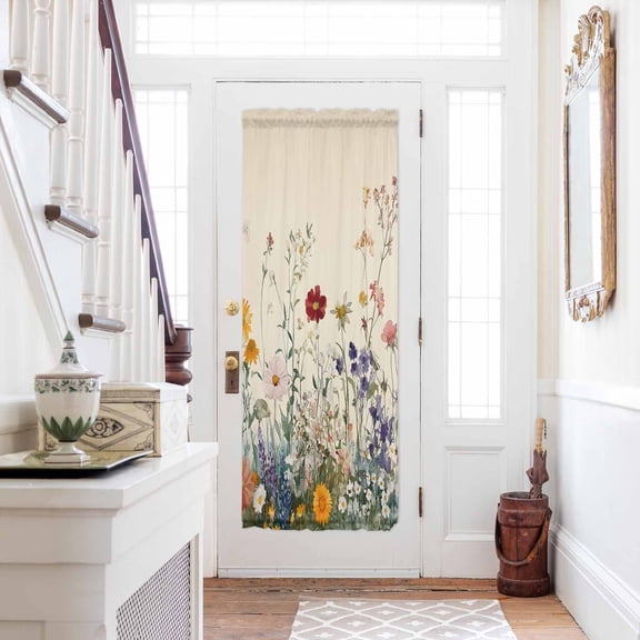 Spring Floral Door Curtains for Door Window, French Sidelight Front Back Door Curtains With Tieback, Beige Watercolor Botanical Kitchen Rod Pocket Drapes Panel, 25"x72"