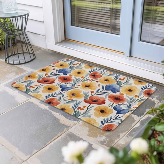 Spring Floral Door Mat Indoor Outdoor, Red Yellow Blue Summer Botanical Non Slip Welcome Mat with Rubber Backing, Absorbent Fabric Front Door Mats Entryway Rug for Home Patio Entrance 18"x30"