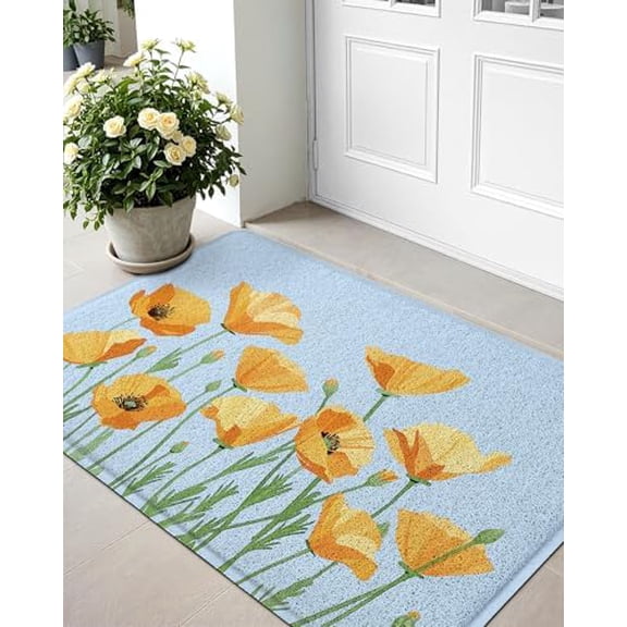 Spring Floral Door Mat, Low Profile Thin Mesh Doormats, Dirt Trapper Stylish Welcome Mats, Waterproof Outside Mat for Home Decor, 18"x30", Blue