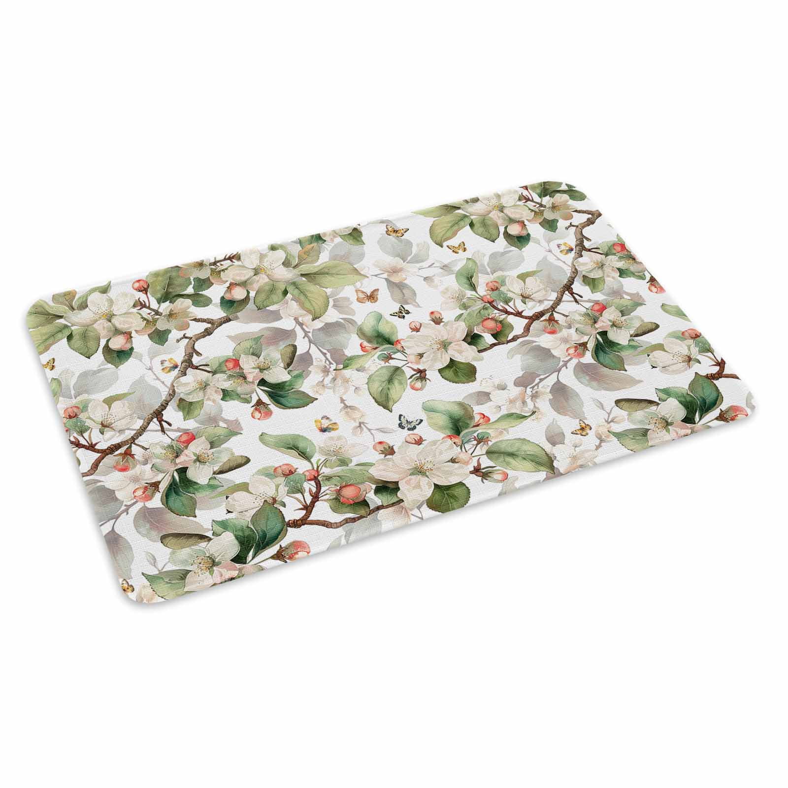 Spring Floral Doormat Outdoor Entrance 24"x36", Green Botanical Flowers Watercolor Absorb Moisture Dirt Door Mats, Non-Slip Rubber Backing Floor Mats Indoor, Low-Profile Front Door Rugs