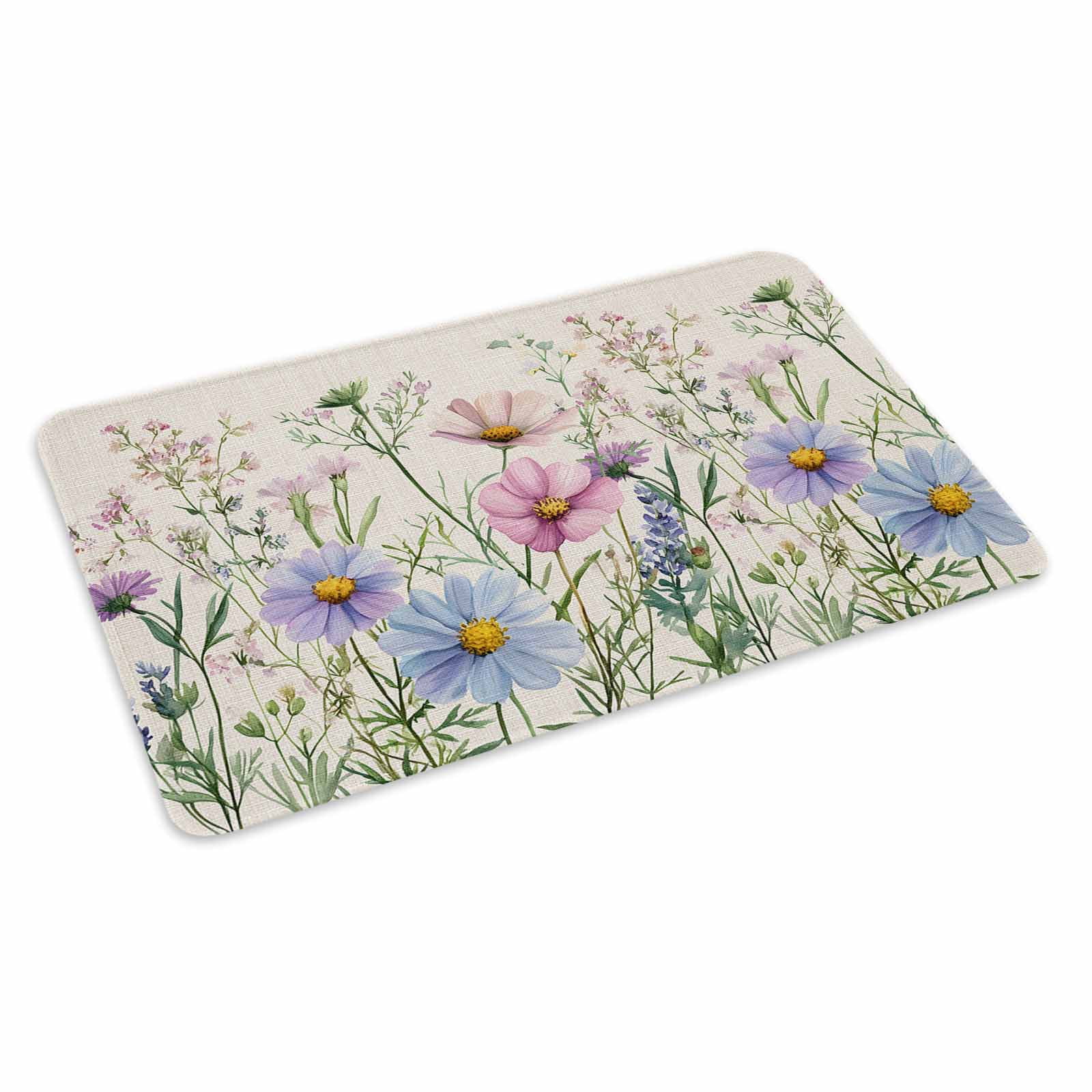 Spring Floral Doormat Outdoor Entrance 24"x36", Wildflowers Herbs Summer Botanical Vintage Absorb Moisture Dirt Door Mats, Non-Slip Rubber Backing Floor Mats Indoor, Low-Profile Front Door Rugs