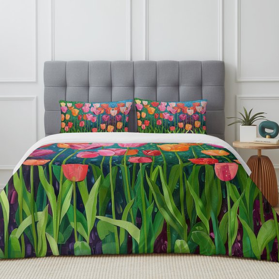 Spring Floral Duvet Cover Set Queen Size, Pink Orange Tulip Oil Painting Gradient 4 Piece Soft Microfiber Bedding Set with Zipper Closure, 1 Comforter Cover, 1 Flat Sheet, 2 Pillowcases