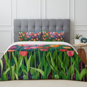 Spring Floral Duvet Cover Set Twin Size, Pink Orange Tulip Oil Painting Gradient 4 Piece Soft Microfiber Bedding Set with Zipper Closure, 1 Comforter Cover, 1 Flat Sheet, 2 Pillowcases
