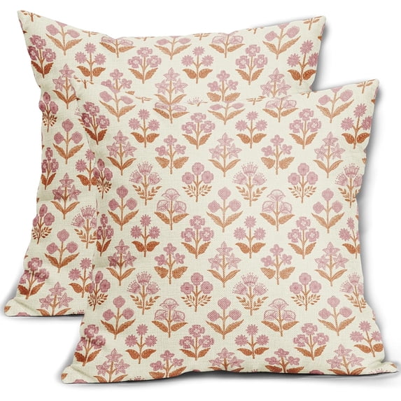Spring Floral Easter Block Print Pillow Covers 18x18 Inch Set of 2, Pink Yellow Blue Purple Flower Holiday Decorative Throw Pillowcases Outdoor Farmhouse Cushion Covers Sofa Couch Bed Decor