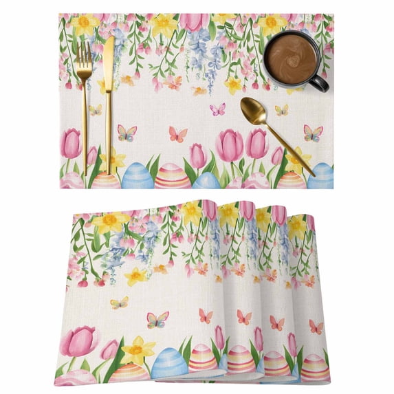 Spring Floral Easter Placemats Set of 4 Pastoral Tulip Flowers Watercolor Place Mats Indoor Wipeable Table Mats Washable Cloth Dining Table Placemats for Kitchen Holiday Party Home Decor 13x19 Inch