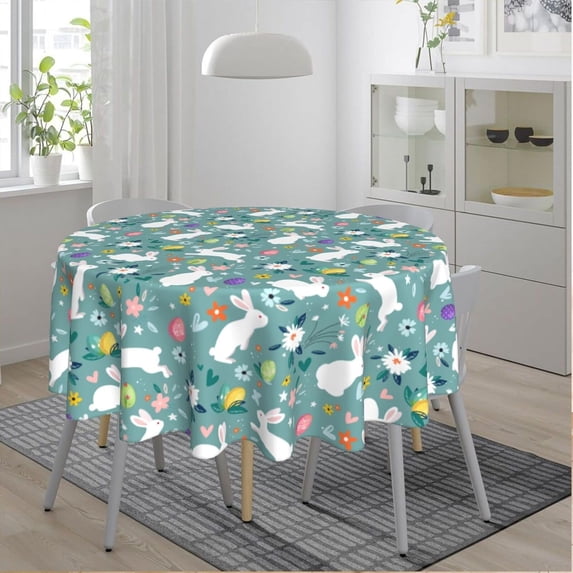 Spring Floral Easter Rabbit Green Round Tablecloth 60 Inch, Decorative Holiday Home Party Table Cloth for Kitchen Dining Picnic Table Cover