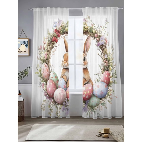 Spring Floral Easter Sheer Curtains for Living Room Bedroom Bunny Botanical Wreath Eggs Sheer Curtains 84 Inch Long 2 Panels Set Light Filtering Curtain Window Treatments Drapes for Dining Room