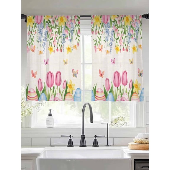 Spring Floral Easter Sheer Curtains for Living Room Bedroom Pastoral Tulip Flowers Watercolor Sheer Curtains 45 Inch Long 2 Panels Set Light Filtering Curtain Window Treatments Drapes for Dining Room
