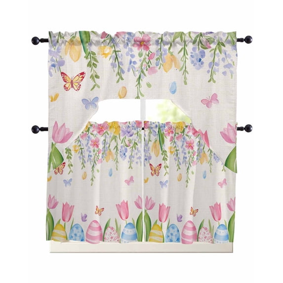 Spring Floral Easter Swag Kitchen Curtains Sets for Windows 24 Inch Length, Pastoral Tulip Flowers Rustic Short Window Curtain Panels Swags Valances and Tiers 3 Piece Set for Cafe/Dining Room