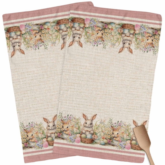 Spring Floral Eater Bunny Kitchen Towel Dish Cloths Set of 2, Microfiber Soft Kitchen Hand Towels, Colorful Eggs Rustic Red Absorbent Quick Drying Dishcloths 18 x 28 Inches