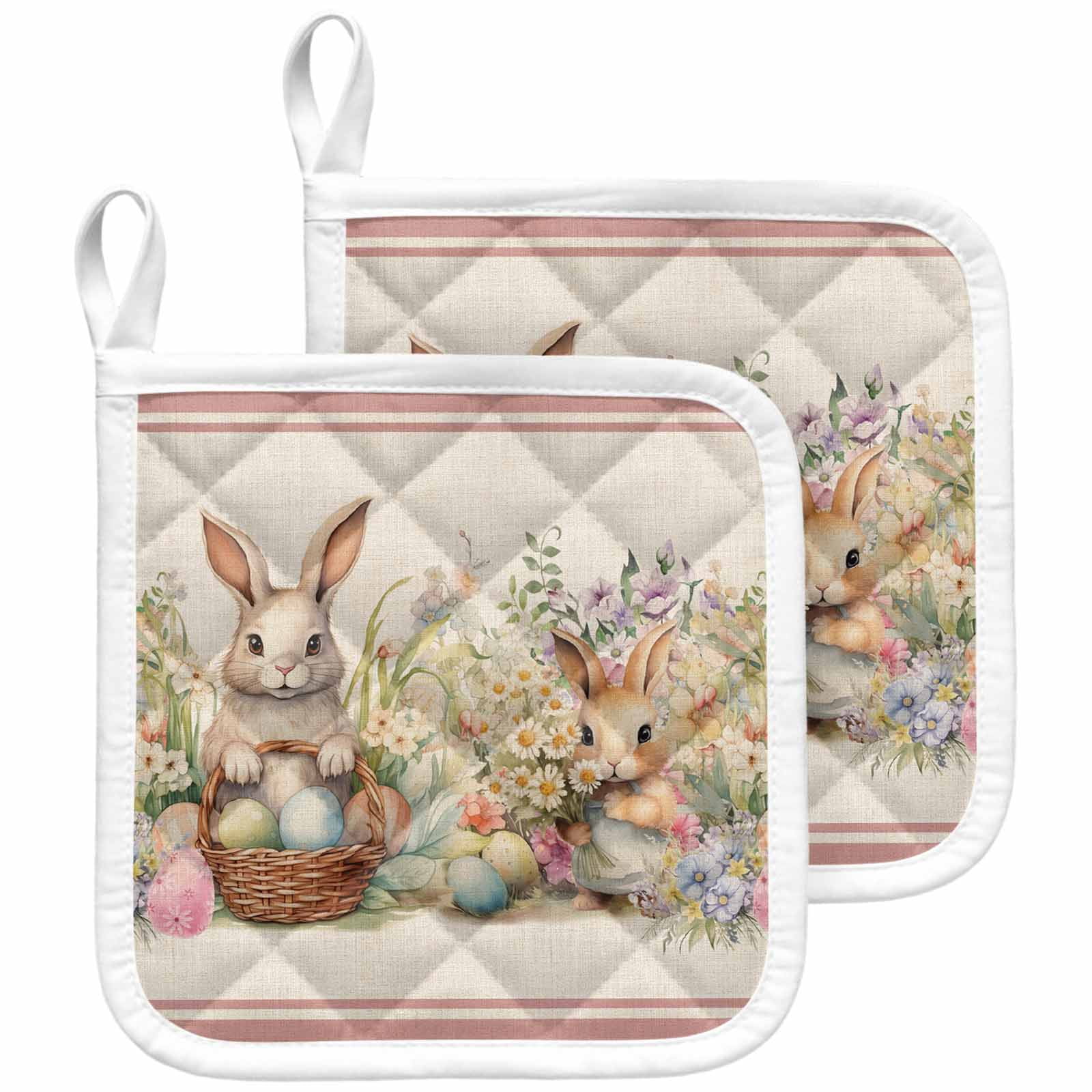 Spring Floral Eater Bunny Pot Holders for Kitchen Heatproof Potholder, 2 Pack Colorful Eggs Rustic Red Hot Pads Multipurpose Oven Pads Cloth Potholders Trivet for Cooking and Baking