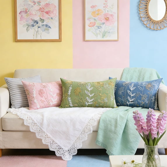 Spring Floral Embroidered Pillowcase, Modern Minimalist Cotton Linen Sofa Cushion Cover, Fresh Cute Decorative Pillow Case for Living Room, Bedroom and Home Furniture Decoration, 19*12in, Blue