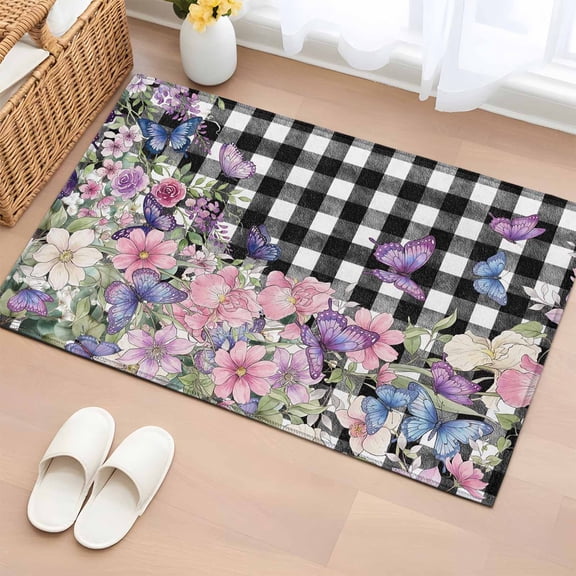 Spring Floral Entryway Rug 2'x3'&nbsp; Non Slip Front Door Mats, Black White Checkered Farmhouse Butterfly Entrance Rugs Indoor Outdoor Carpet, Washable Floor Mats Small Area Rug for Bedroom Kitchen