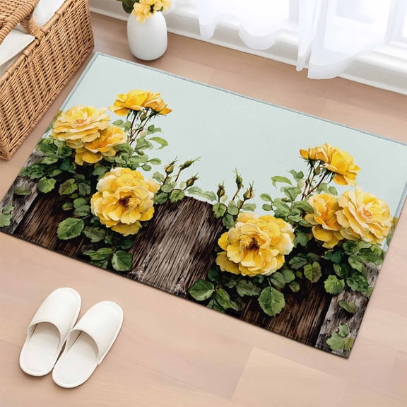 Spring Floral Entryway Rug 2'x3'&nbsp; Non Slip Front Door Mats, Yellow Roses Leaves Pastoral Botanical Farmhouse Entrance Rugs Indoor Outdoor Carpet, Floor Mats Small Area Rug for Bedroom Kitchen