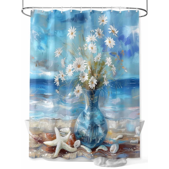 Spring Floral Extra Long Shower Curtain Set, Waterproof Shower Curtains for Bathroom, Coastal Blue Oil Painting Botanical Daisy Washable Fabric Cloth Bath Curtain for Bathtub with Hooks 72x96 Inches