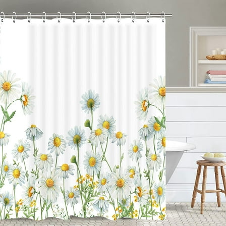 Spring Floral Fabric Shower Curtain, Daisy Flowers White Yellow Bathroom Shower Curtain Sets, Plants Bathtub Waterproof Curtains Decor with Hooks, 72 x 72in