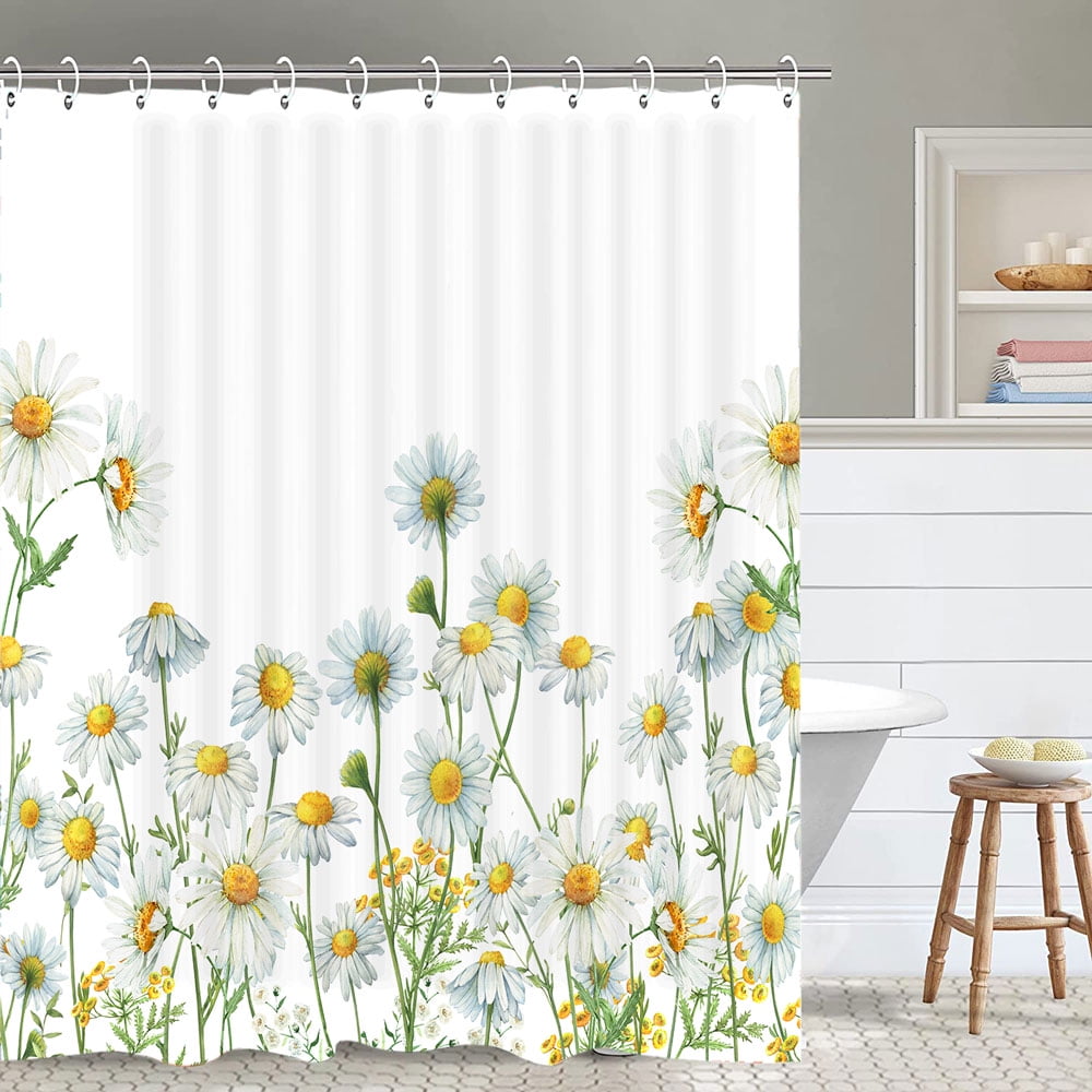 Spring Floral Fabric Shower Curtain, Daisy Flowers White Yellow Bathroom Shower Curtain Sets, Plants Bathtub Waterproof Curtains Decor with Hooks,72X75 inch