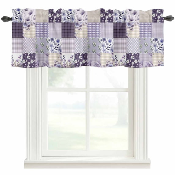 Spring Floral Farmhouse Short Window Curtain Valances, Dark Purple Flowers Patchwork Grid Bohemia Rod Pocket Kitchen Valances for Living Room Bedroom Bathroom Cafe 60" x 18"