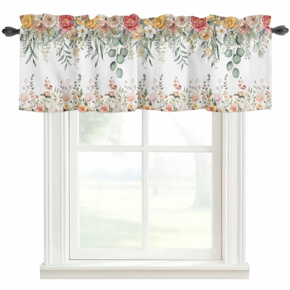 Spring Floral Farmhouse Short Window Curtain Valances, Watercolor Roses Eucalyptus Leaves Botanical Rod Pocket Kitchen Valances for Living Room Bedroom Bathroom Cafe 42" x 12"