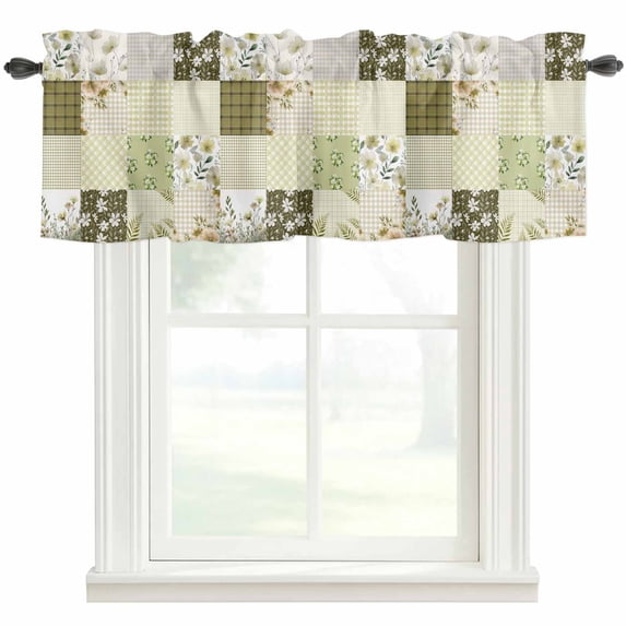 Spring Floral Farmhouse Short Window Curtain Valances, Yellow Flowers Botanical Patchwork Grid Bohemia Rod Pocket Kitchen Valances for Living Room Bedroom Bathroom Cafe 54" x 18"