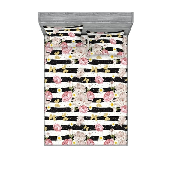 Spring Floral Fitted Sheet & Pillow Sham Set, Modern Flowers Boho Butterfly Pattern on Striped and Dotted Back, Decorative Printed 3 Piece Bedding Decor, Calking, Pale Pink Pale Mustard, by Ambesonne