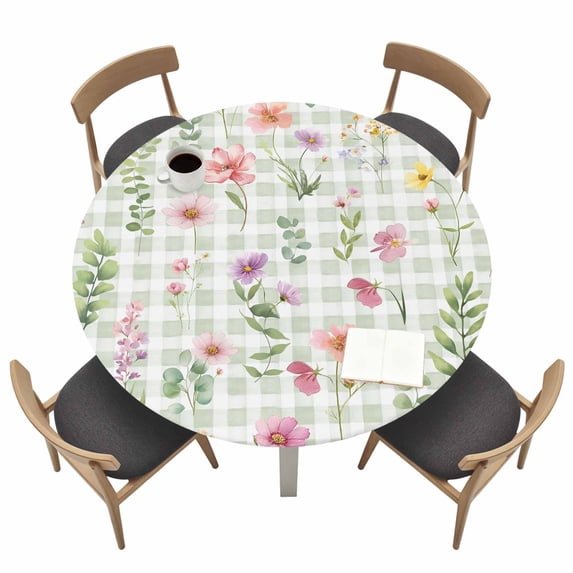 Spring Floral Fitted Tablecloth with Elastic Edged, Round Table Cloth for Dining Table, Pink Flowers Green Plaid Pastoral Waterproof Oil Proof Table Cover for Indoor Outdoor 36"-44"