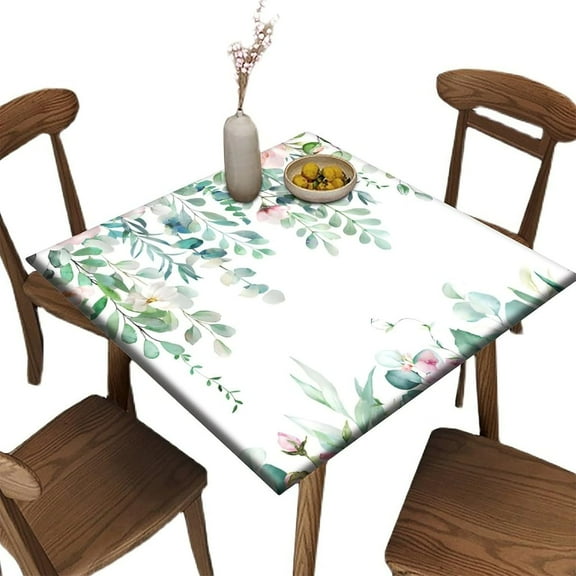Spring Floral Fitted Tablecloth Square, Green Leaves Oil-Proof Elastic Edged Table Cover, for Kitchen Dining, Party, Holiday, Christmas, Buffet, Fits to 32 x 32 in Table